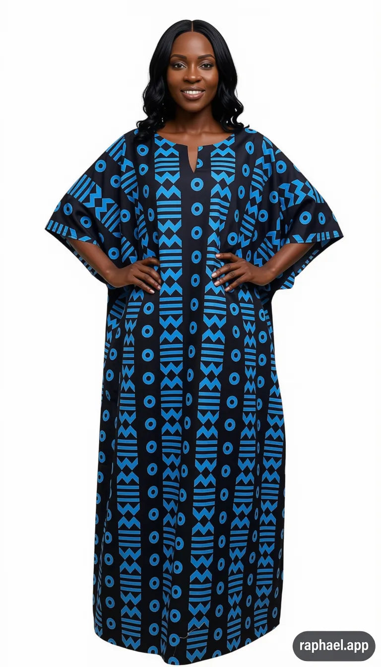 A woman wearing a stylish and elegant Bubu gown from Goodline Collections.