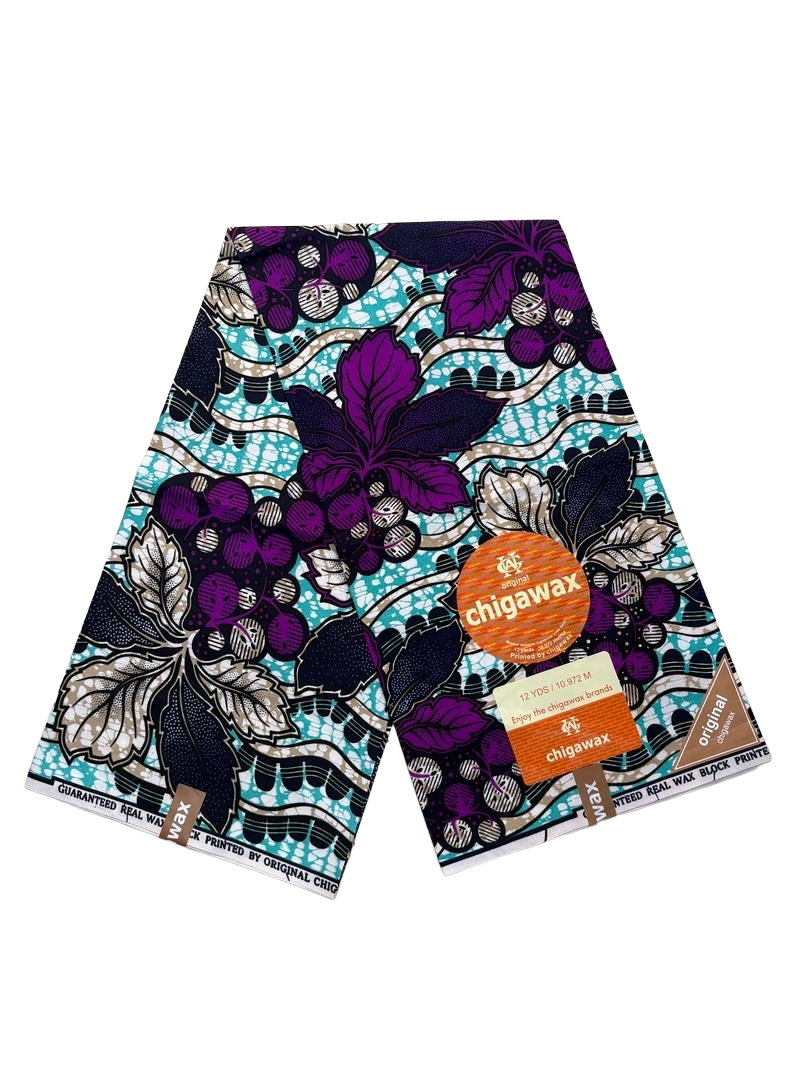Purple and teal grape vine Ankara fabric in image