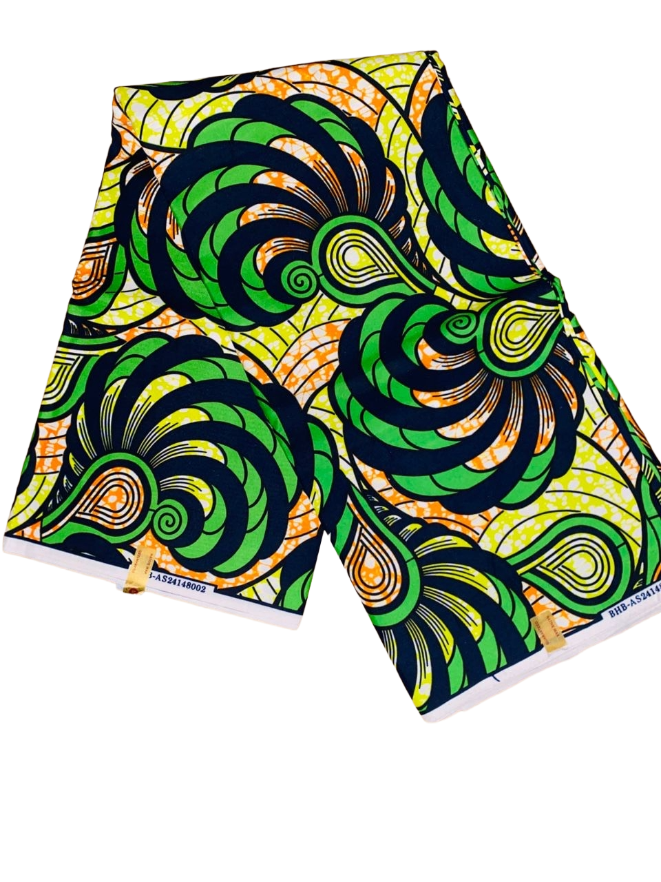 Green, orange, and yellow swirl pattern Ankara fabric