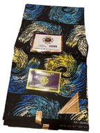 Black, blue, and yellow swirl pattern Ankara fabric