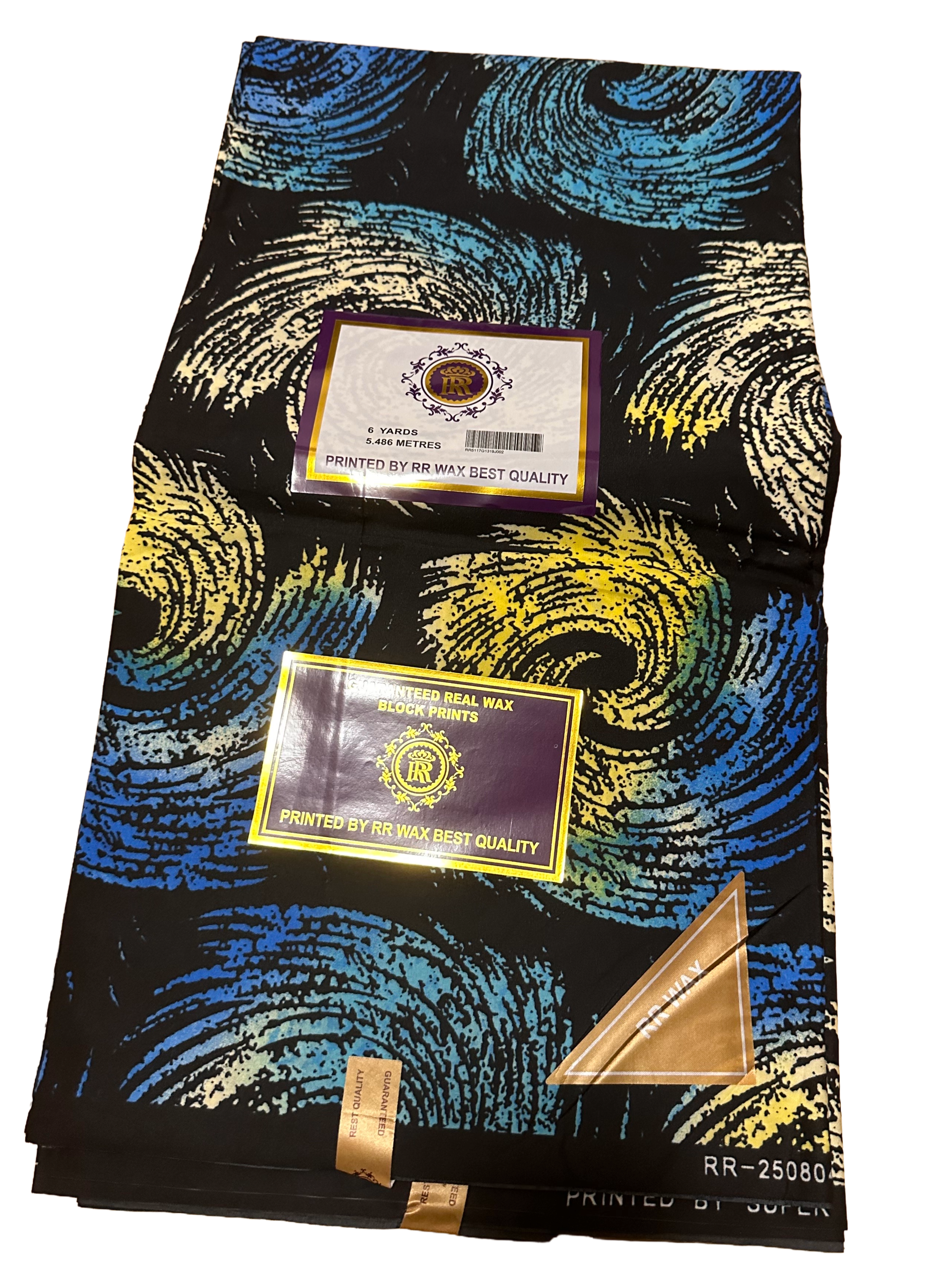 Black, blue, and yellow swirl pattern Ankara fabric