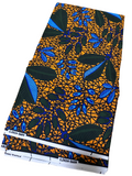 Orange, blue, and dark green leaf pattern Ankara fabric