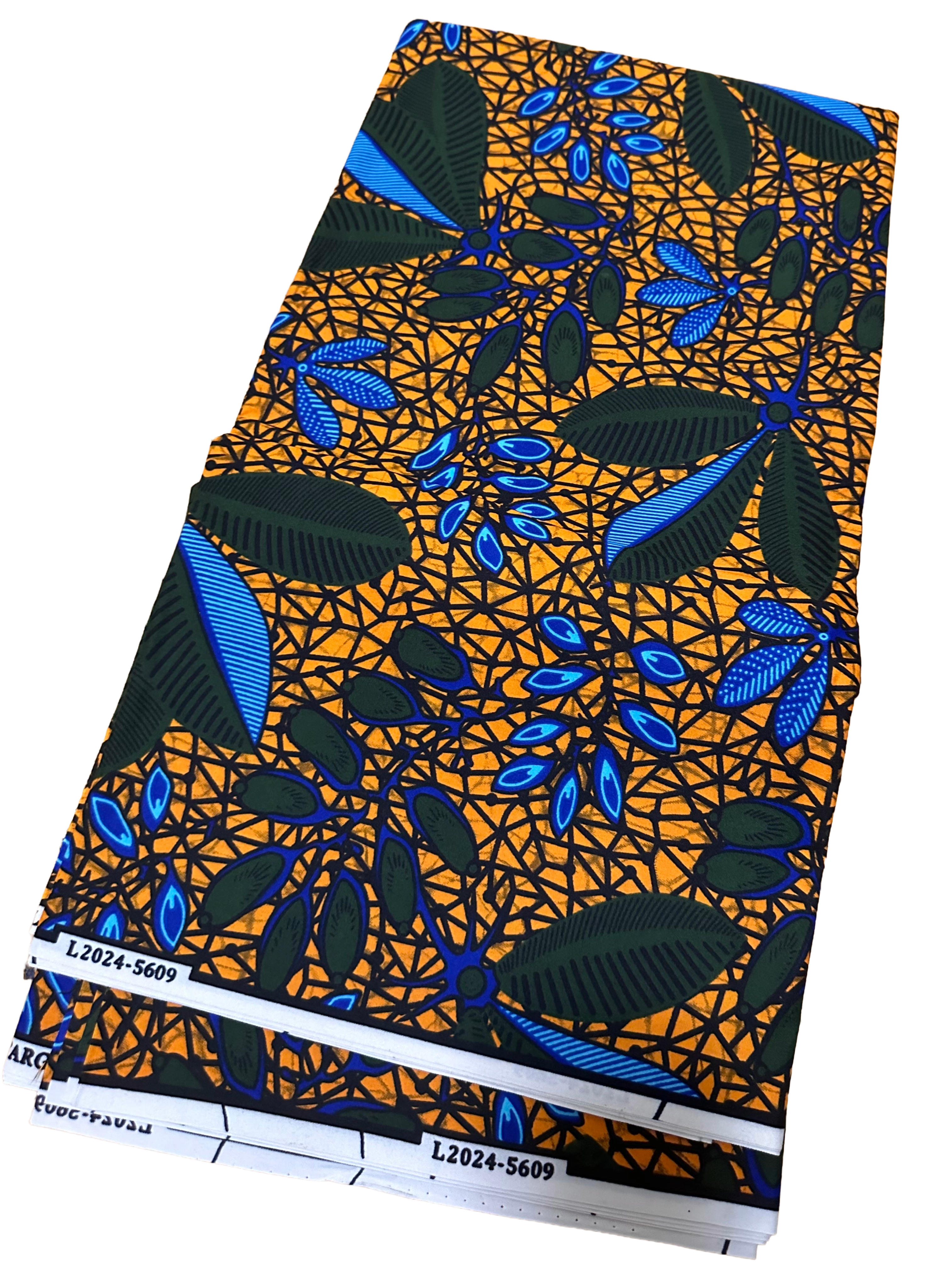 Orange, blue, and dark green leaf pattern Ankara fabric