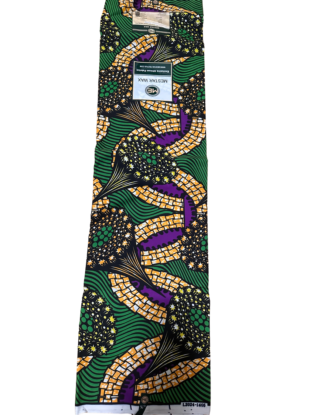 Green, purple, and yellow patterned Ankara fabric
