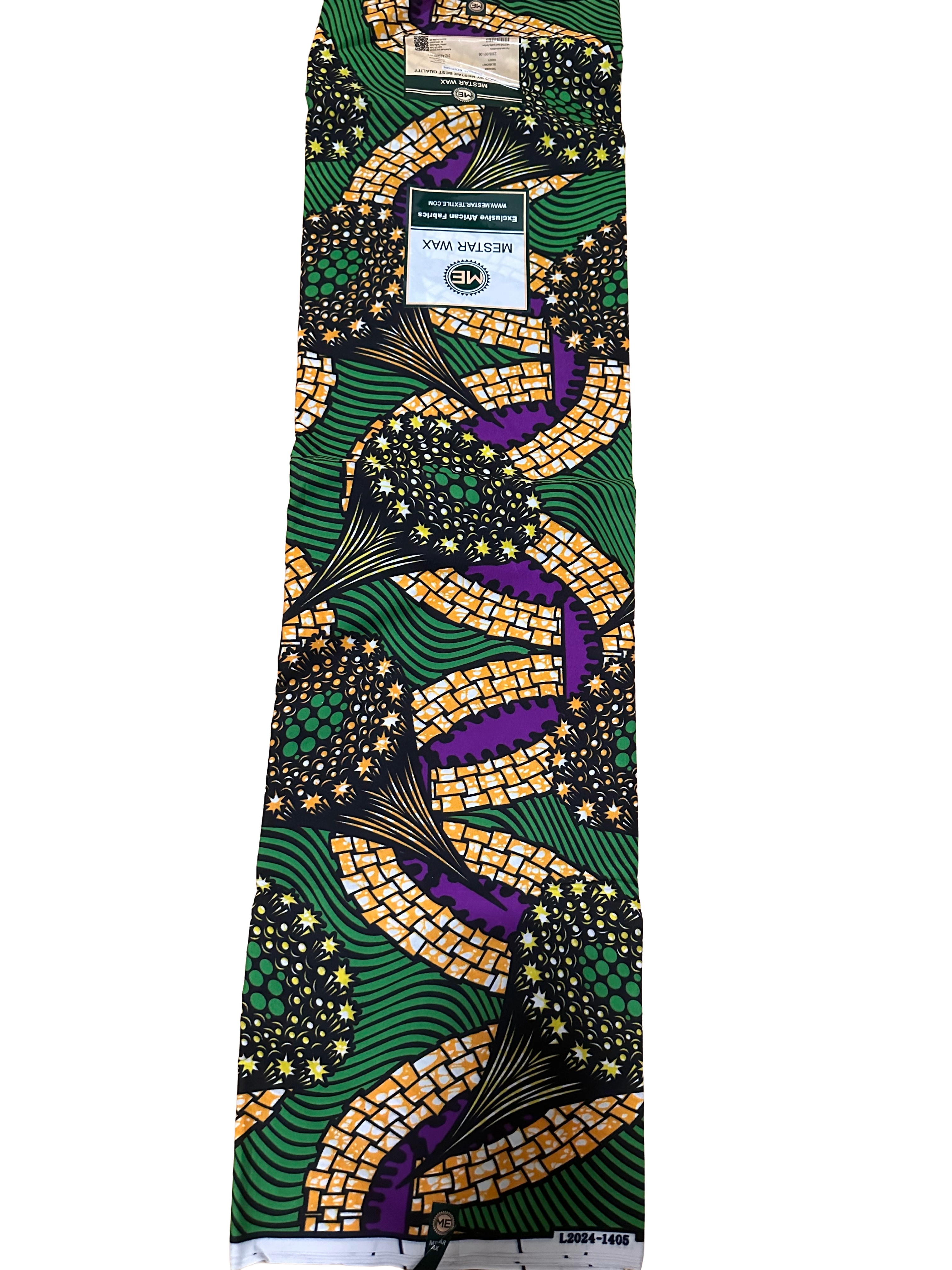 Green, purple, and yellow patterned Ankara fabric
