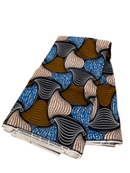 Brown, blue, and black swirl pattern Ankara fabric