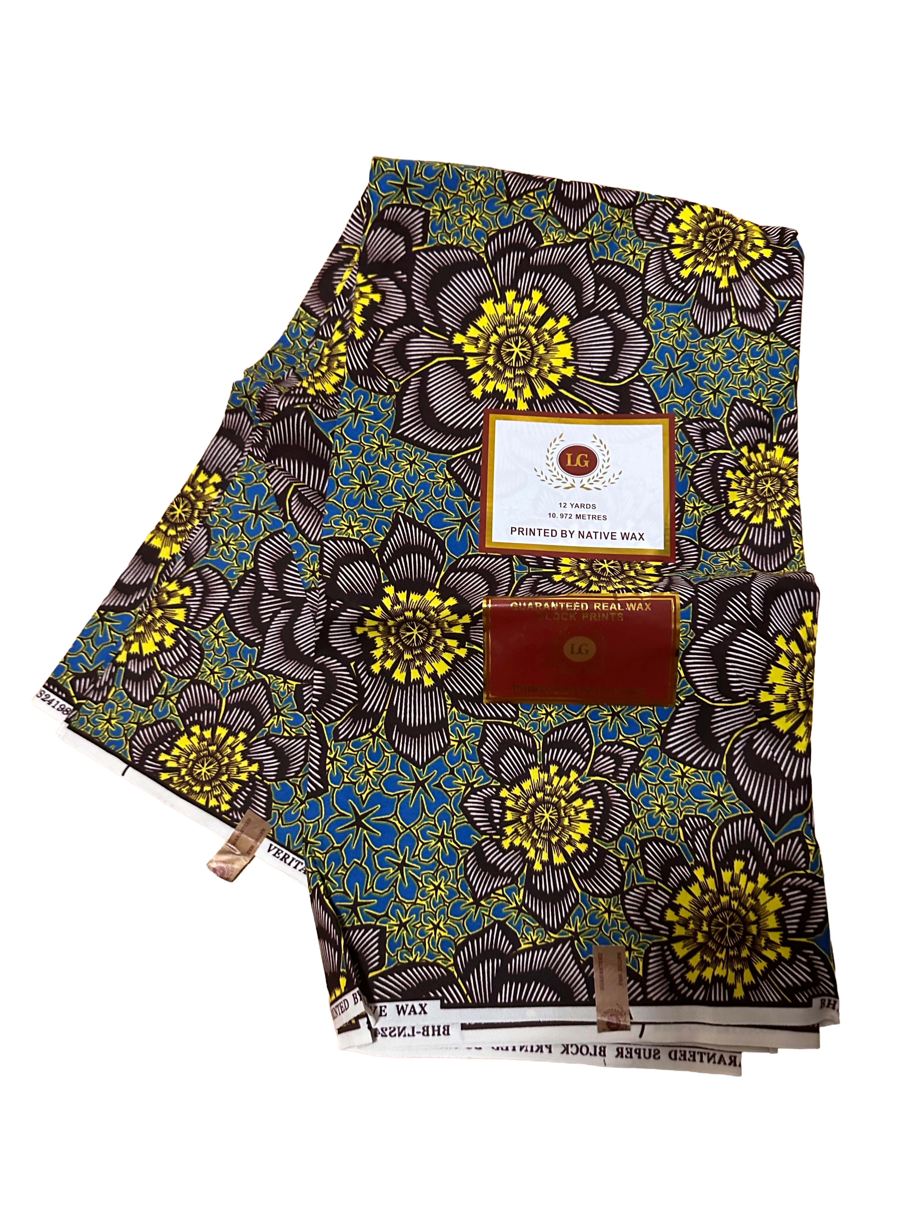 Brown, yellow, and teal floral Ankara fabric in image