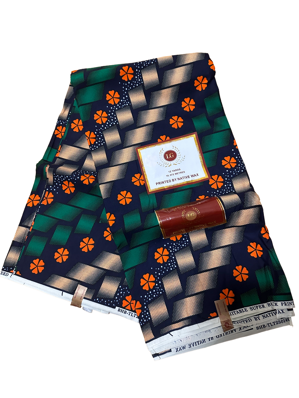 Navy, green, and orange geometric Ankara fabric