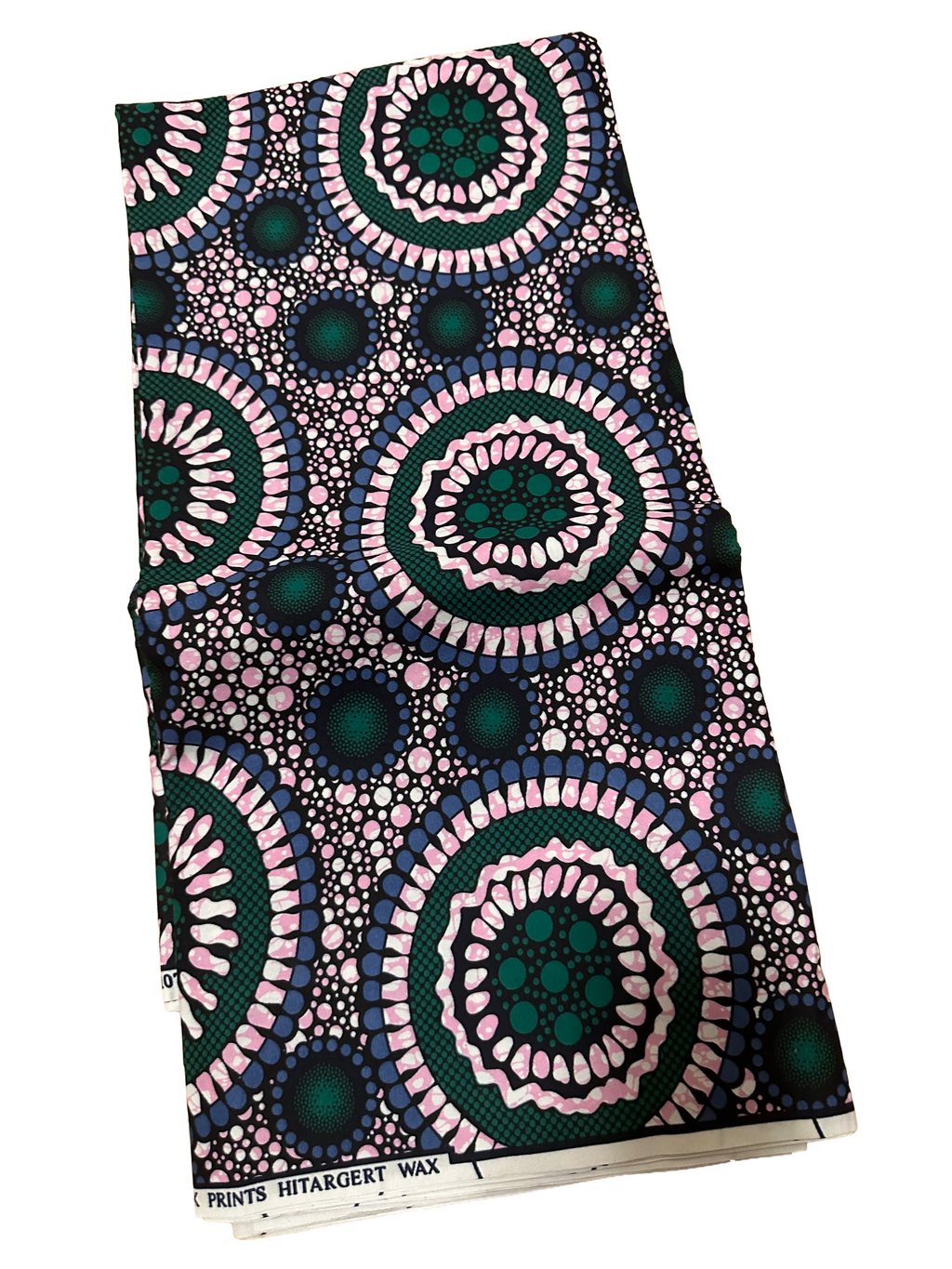 Pink and green circular pattern Ankara fabric.
