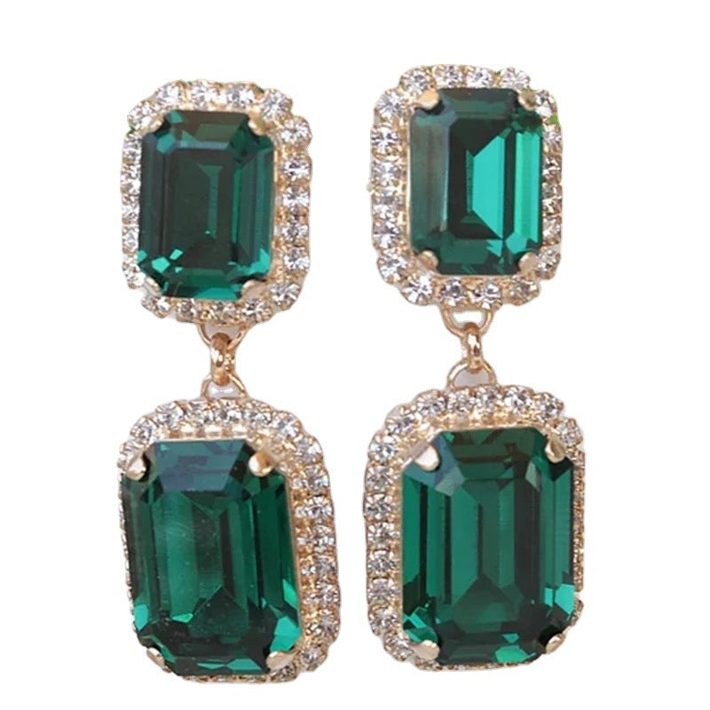 Green Fashion Earrings with Silver Stones