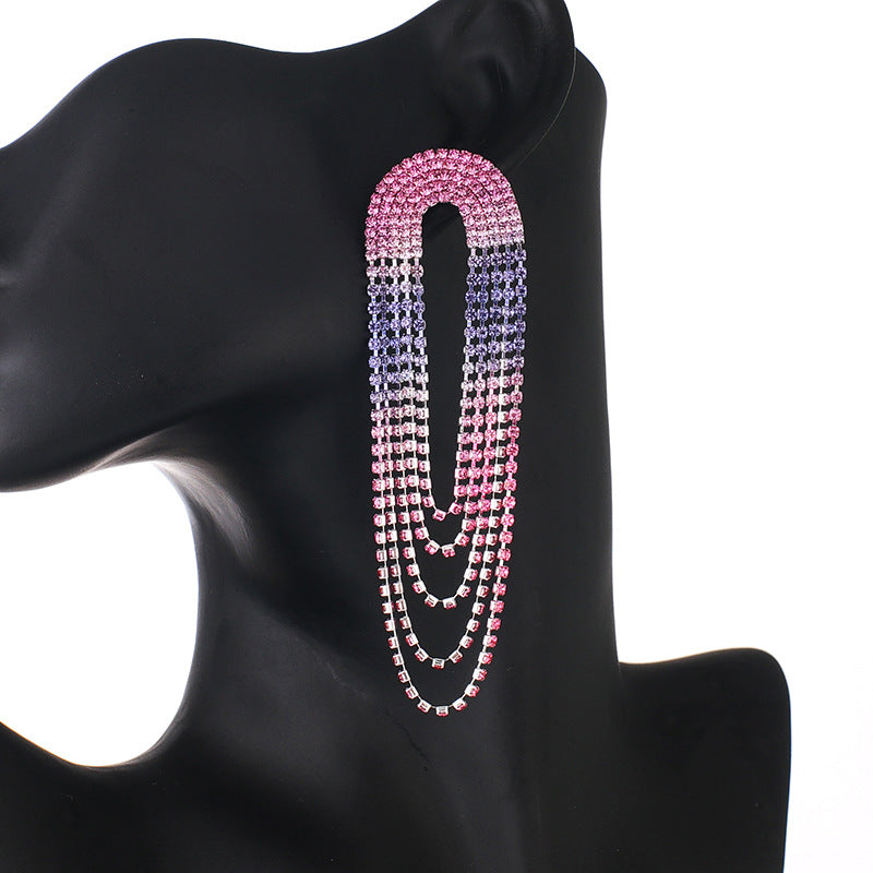 Gradient pink and purple crystal fringe earrings