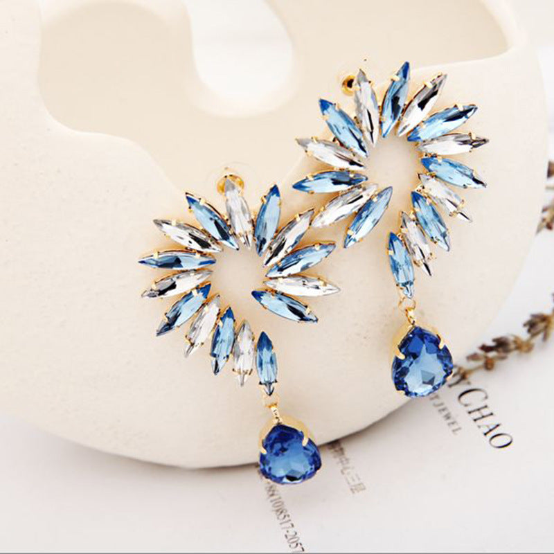 Elegant blue and white crystal statement earrings 