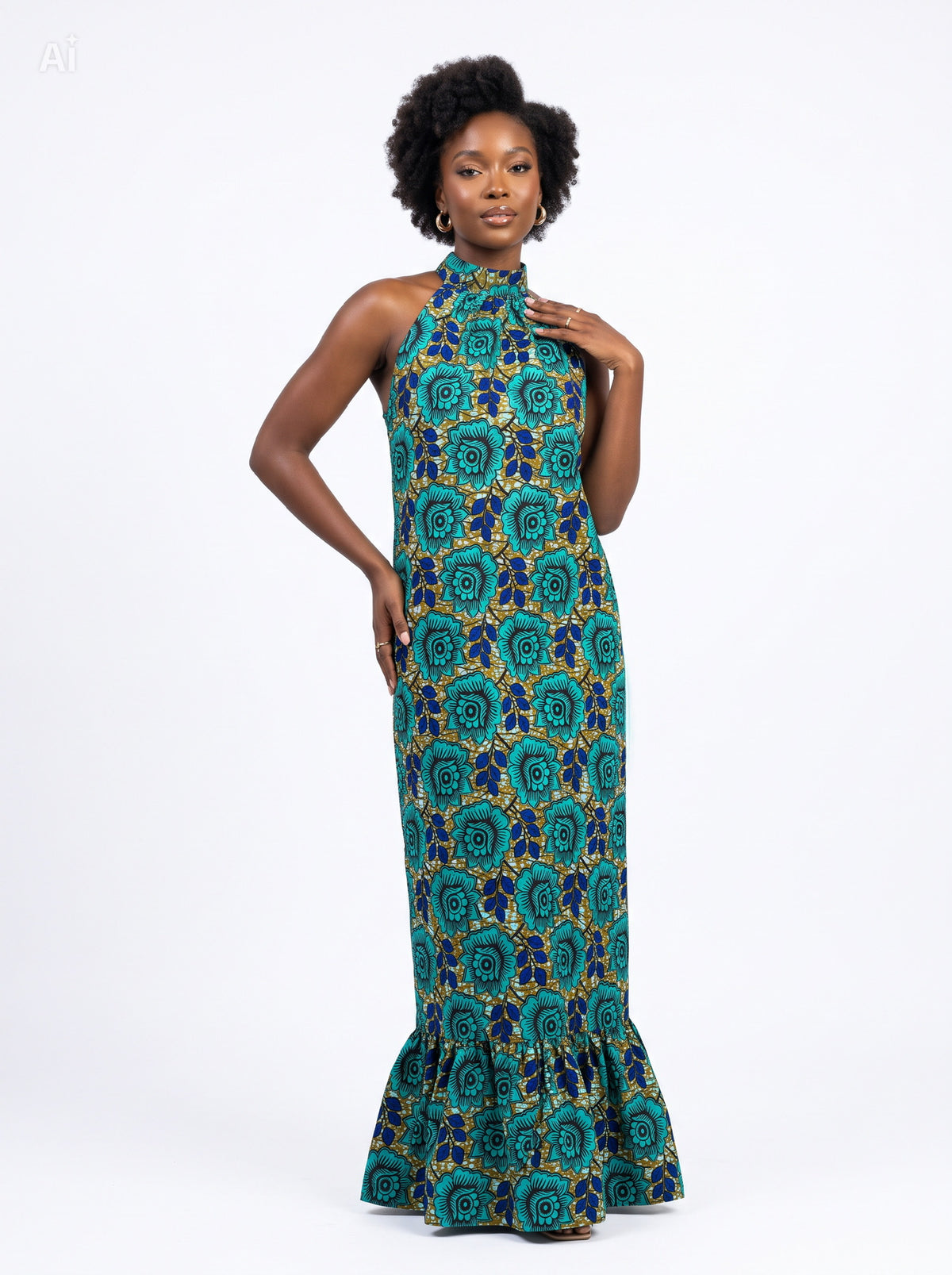 Teal Bloom Halter Maxi Dress