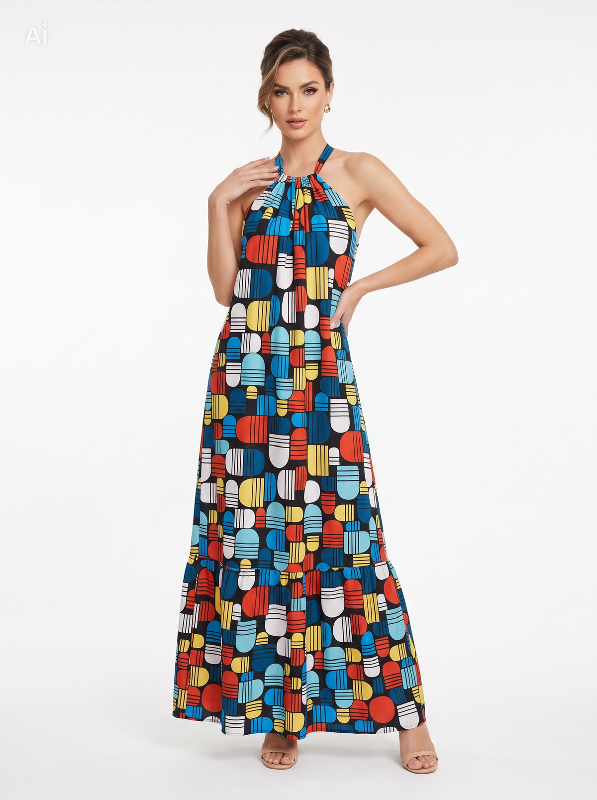 Retro Geometric Halter Maxi Dress