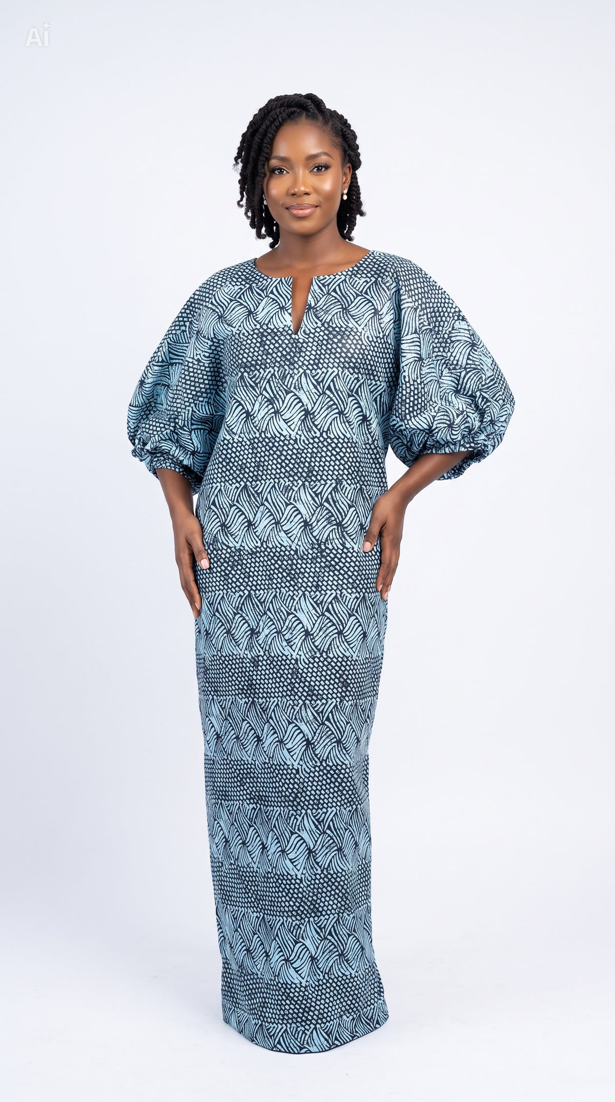Zuri Blue Print Puff-Sleeve Maxi Dress