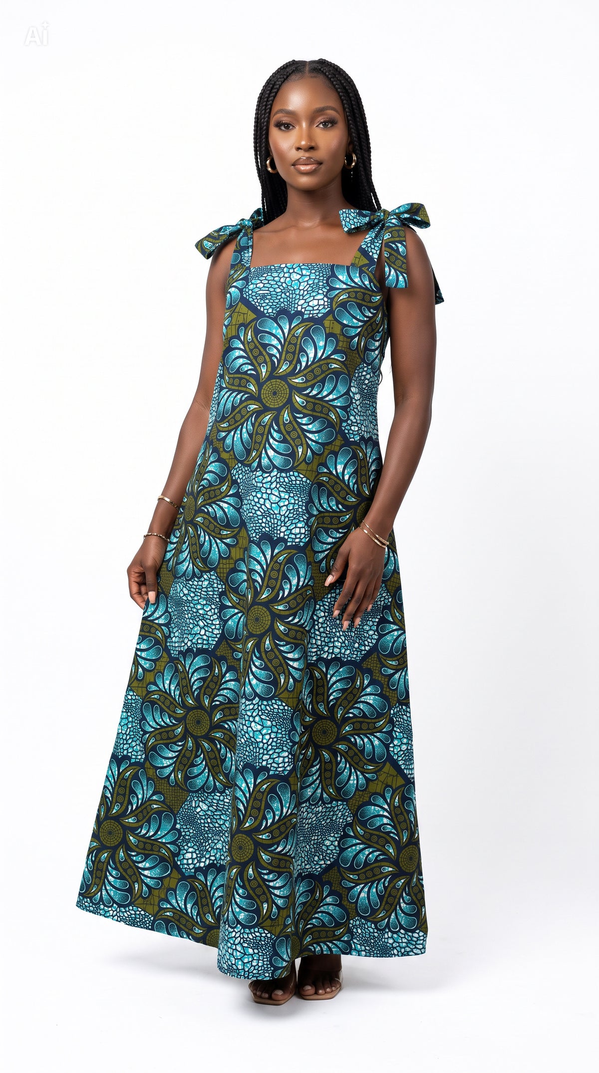 “Teal Floral Tie-Shoulder Maxi Dress.”
