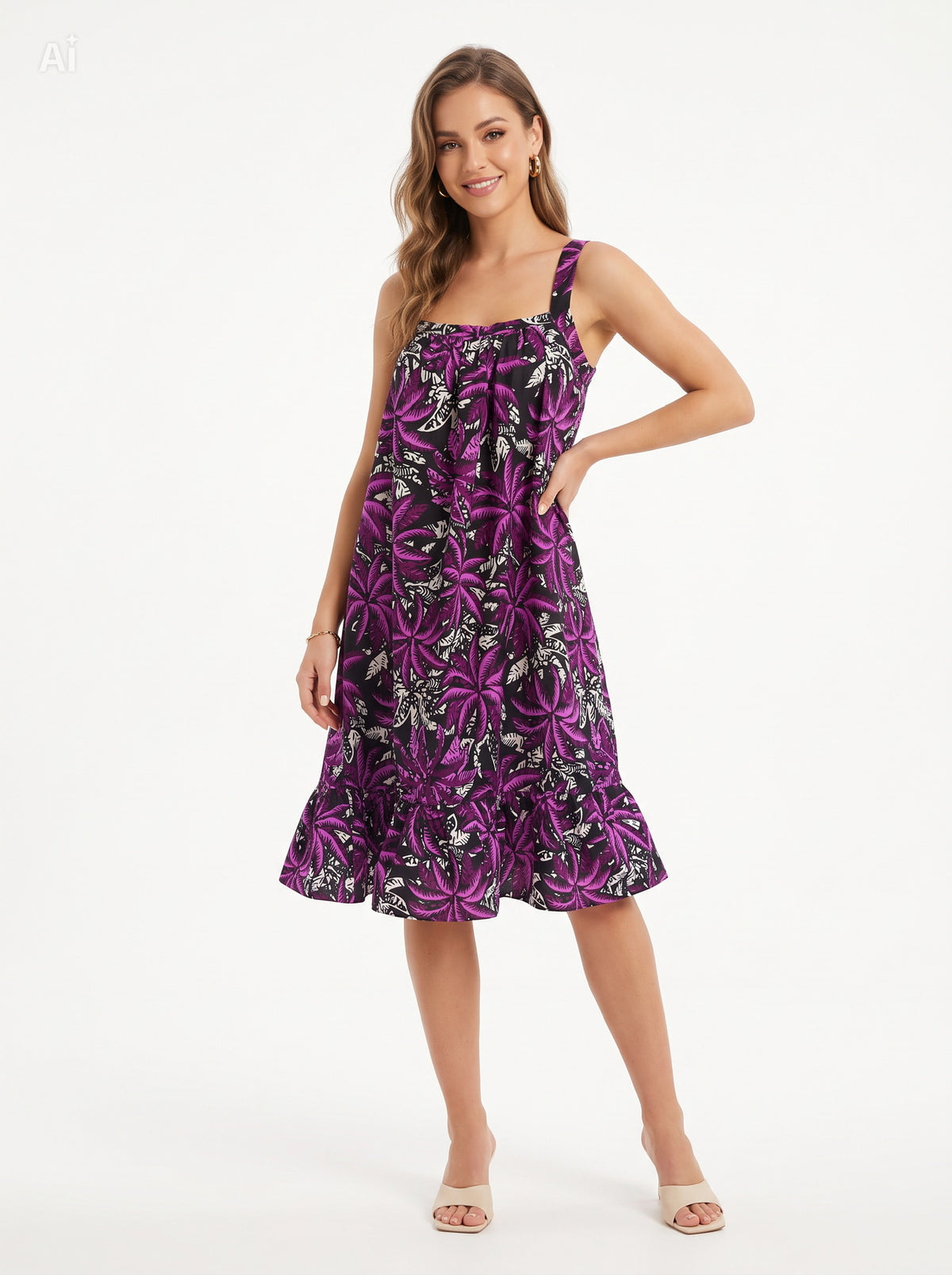 Purple Palm Ruffle Midi Dress