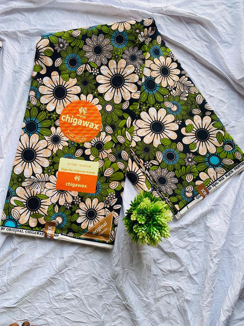 Cream and green floral Ankara fabric